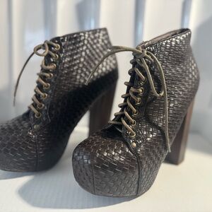 Brown Woven Lace-Up Platform Ankle Boots